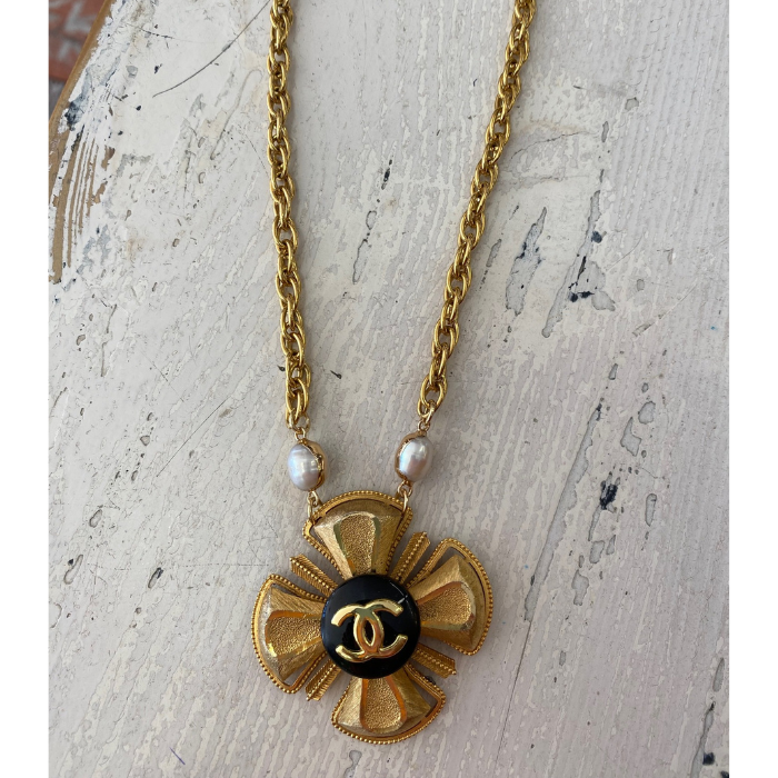 Gold/Pearl Chanel Button Necklace